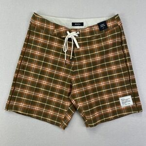 RVCA Hybrid Shorts Mens 28 Brown Plaid Seersucker‎ Retro Surf Skate Sustainable